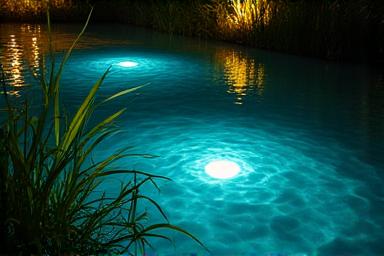 Estanque con luces sumergibles nocturno