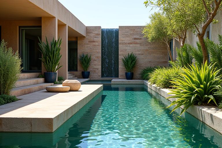 Jardín acuático moderno con cascada natural en Valencia